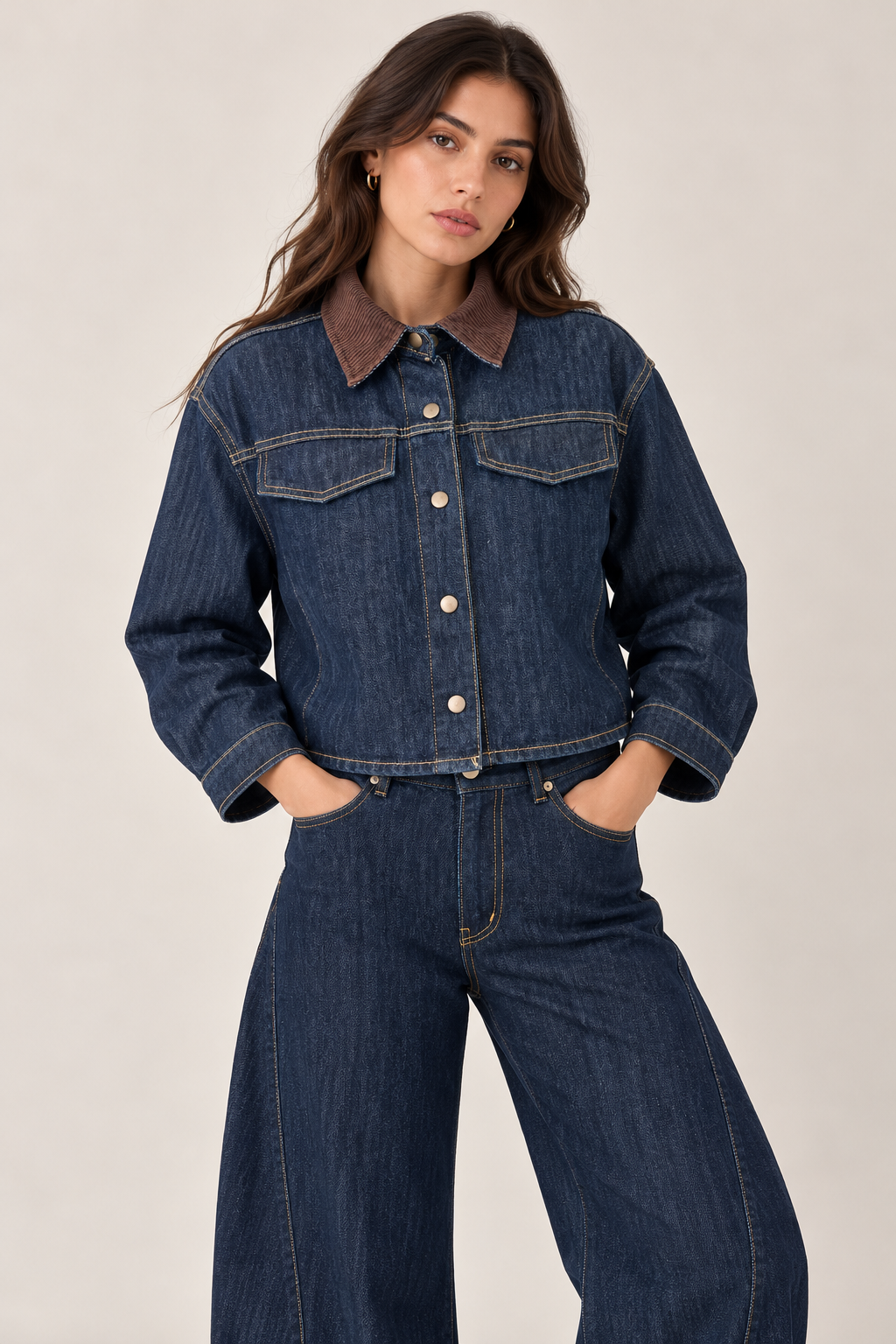 Navy denim jacket with a brown suede collar