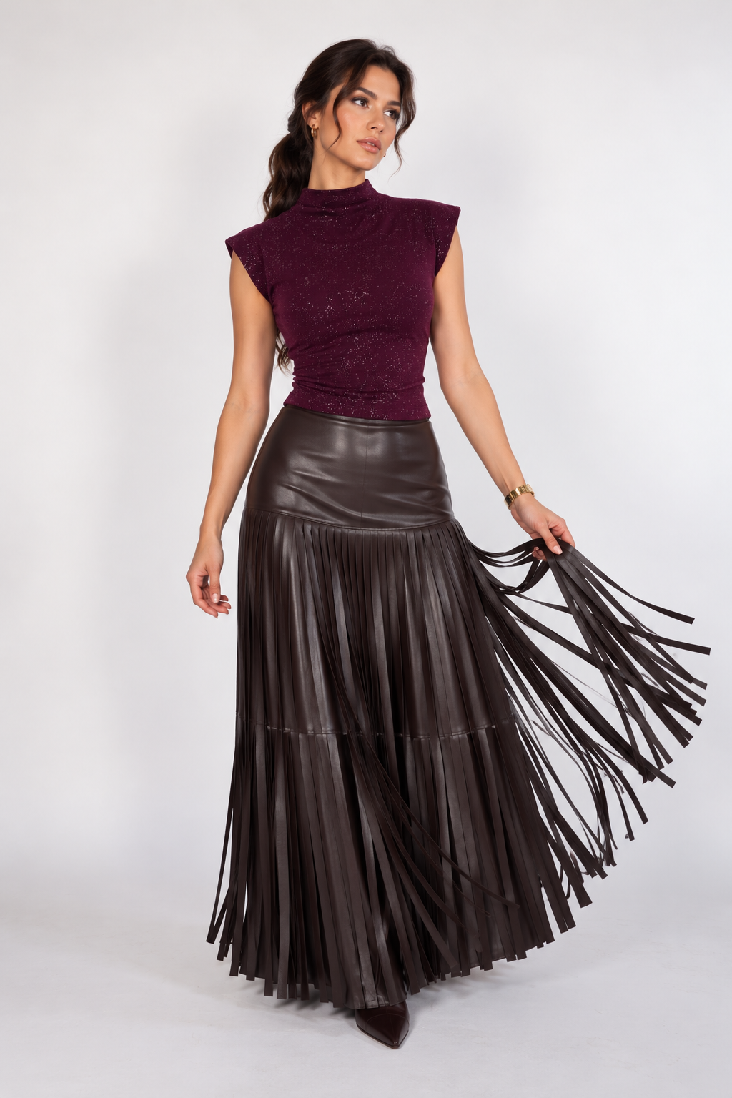 Leather maxi skirt with fringe detailing