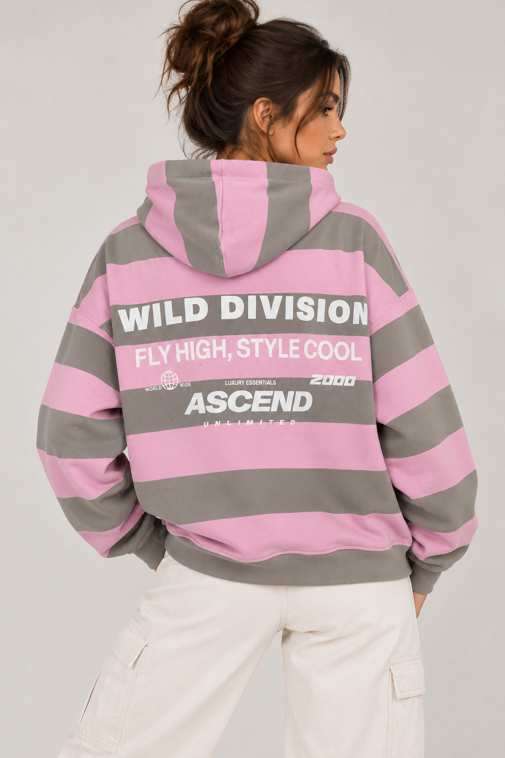 Oversized hoodie with pink and mint stripes, front and back with a book print.