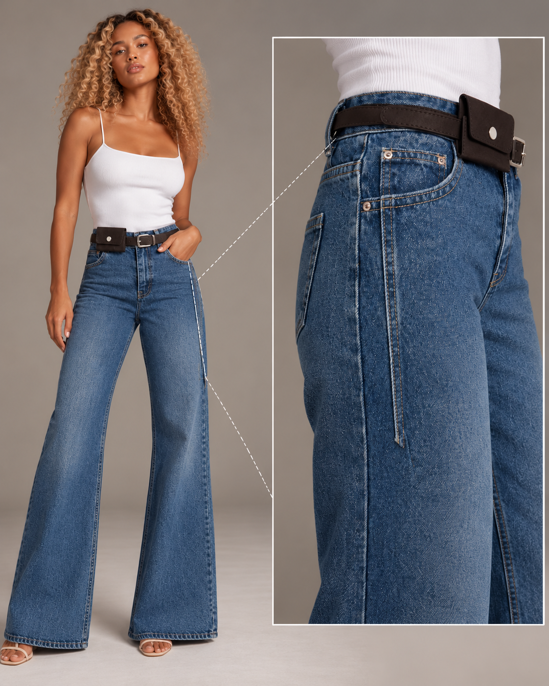 Blue flared jeans with a brown belt and a small wallet