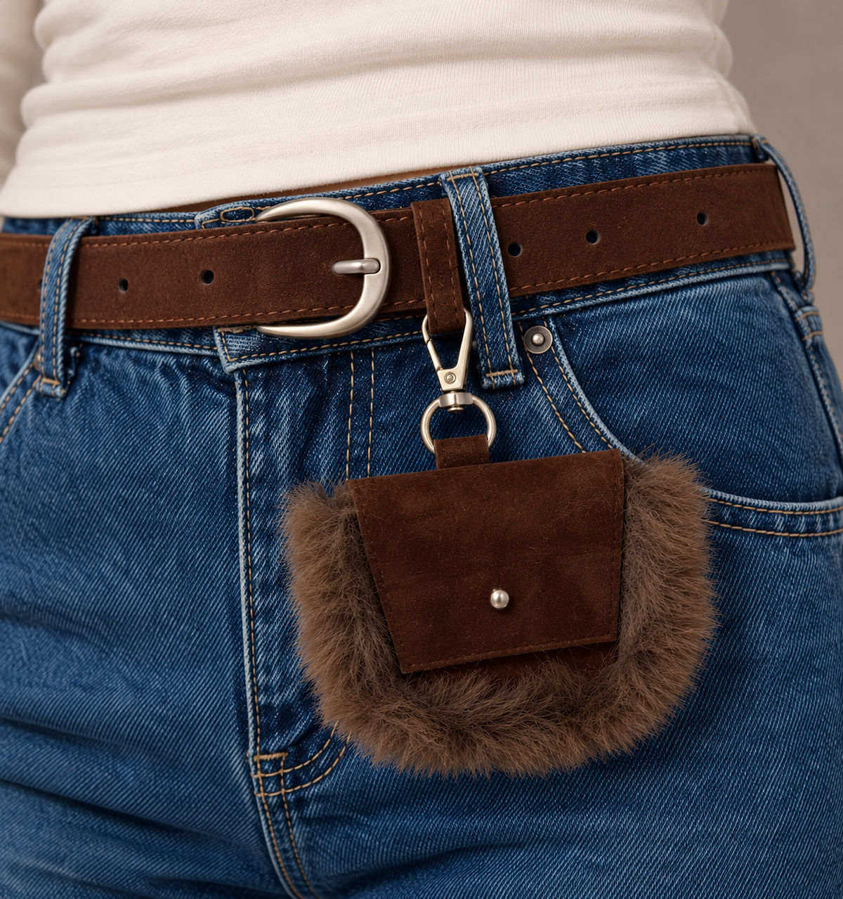 Blue wide-leg jeans with a brown belt and a wallet