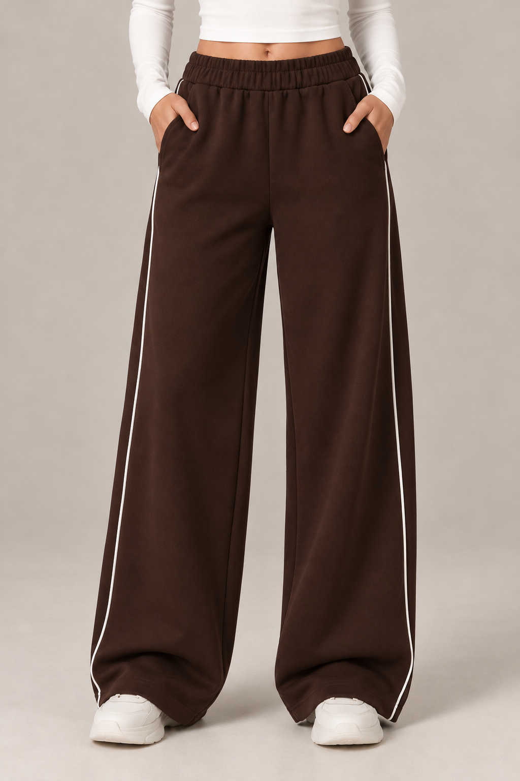 Wide leg sweatpants with a white stripe down the sides and an elastic waistband.