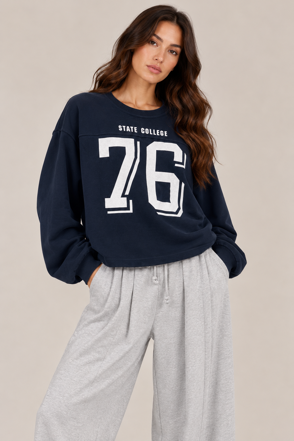 Oversized navy blouse, chest size "76" and star-shaped back.