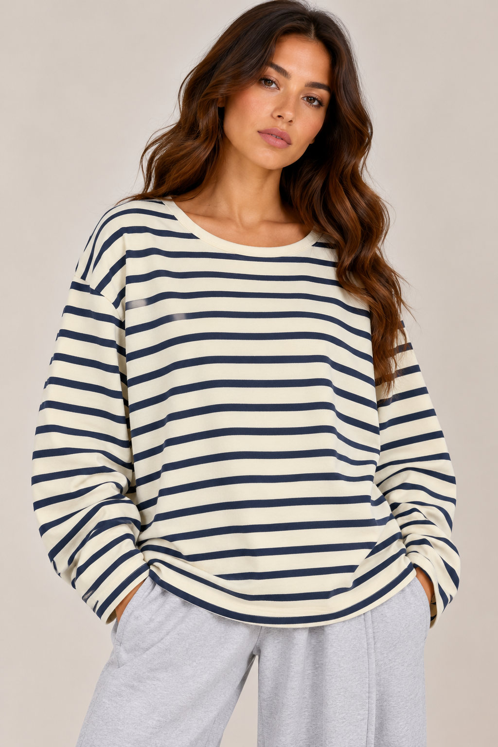 Oversized cotton blouse, striped in butter yellow and navy.