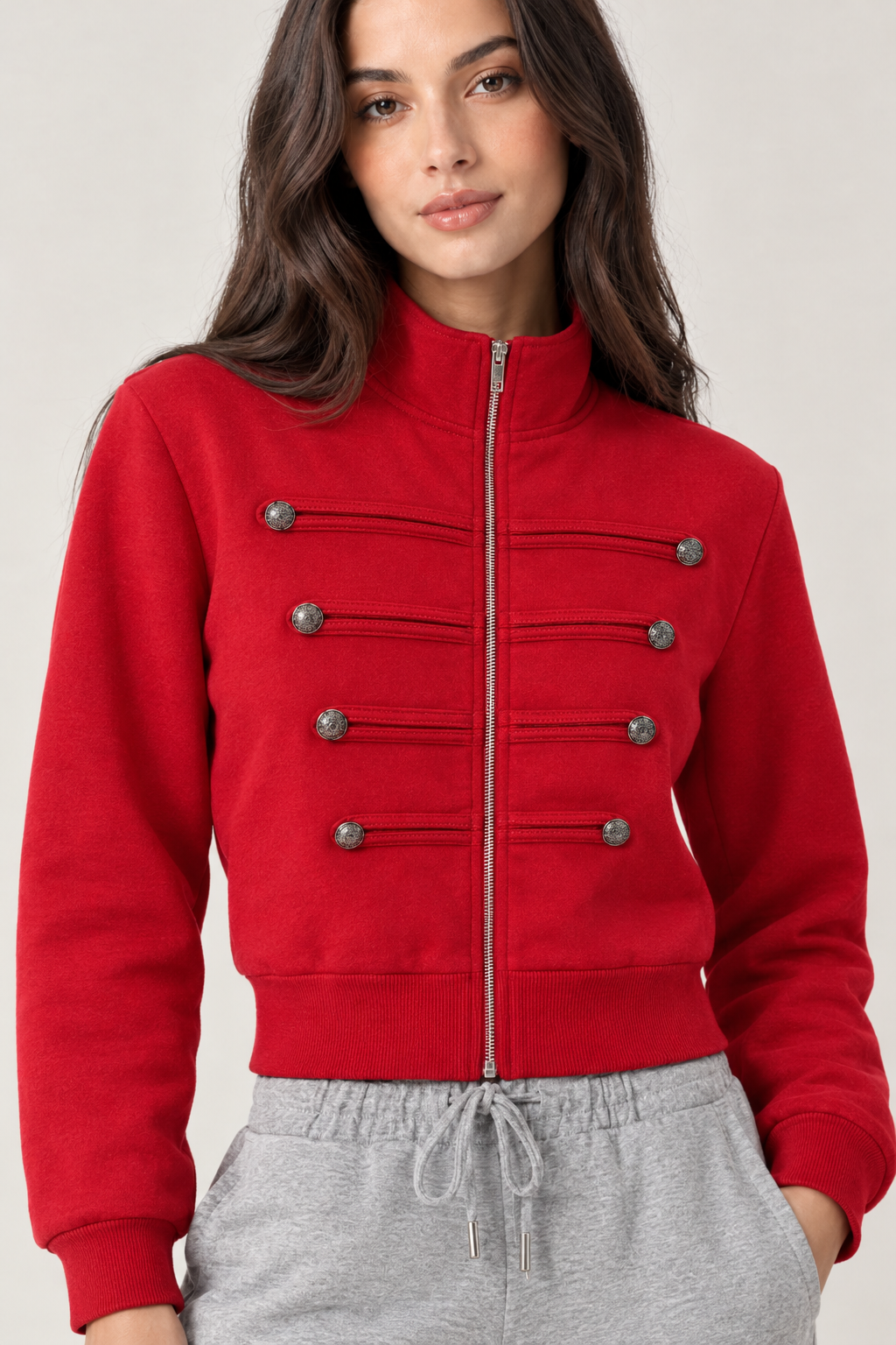 Chinese-style sweatshirt with silver buttons and a zippered front.