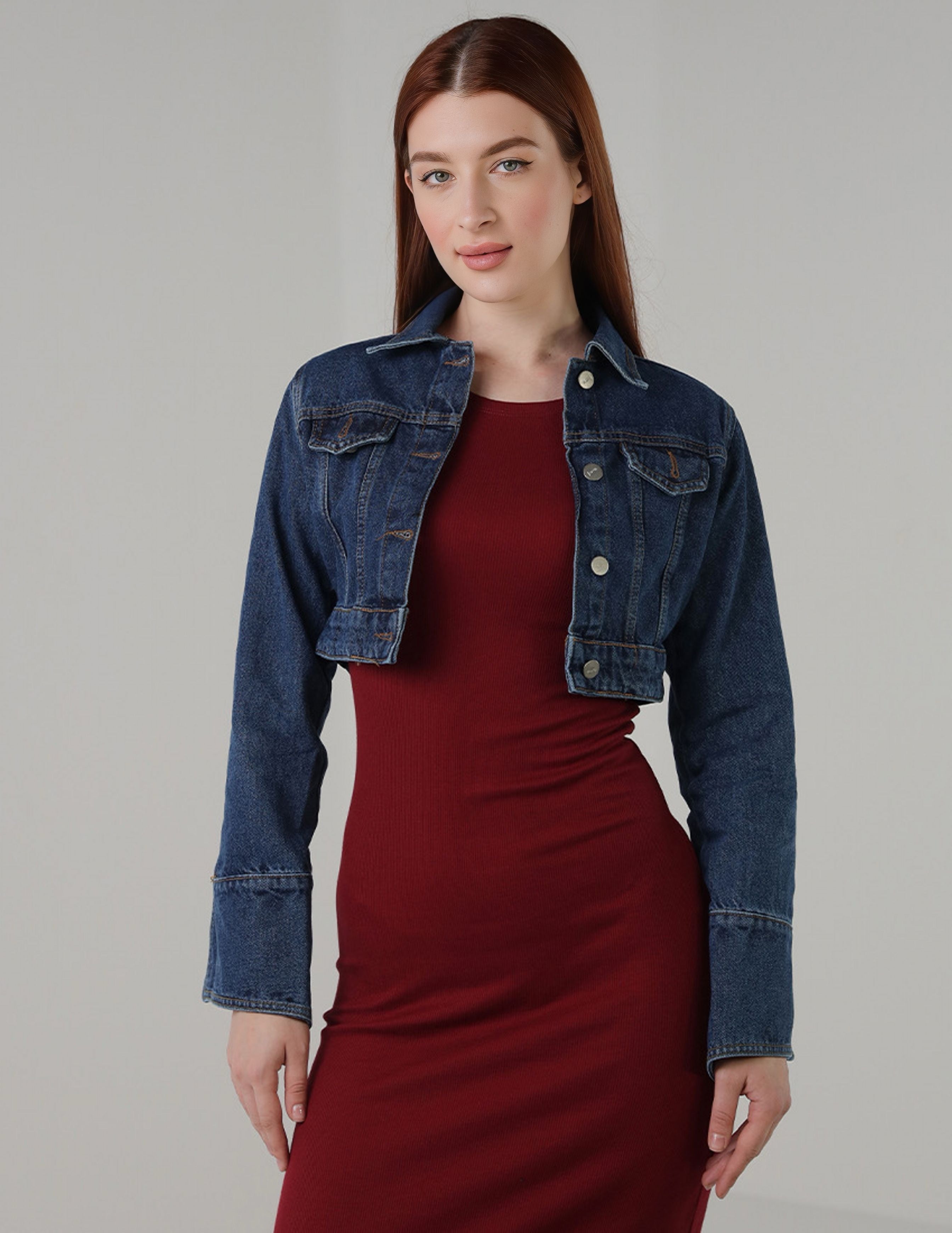 Cropped Denim Jacket with Chest & Sleeve Buttons