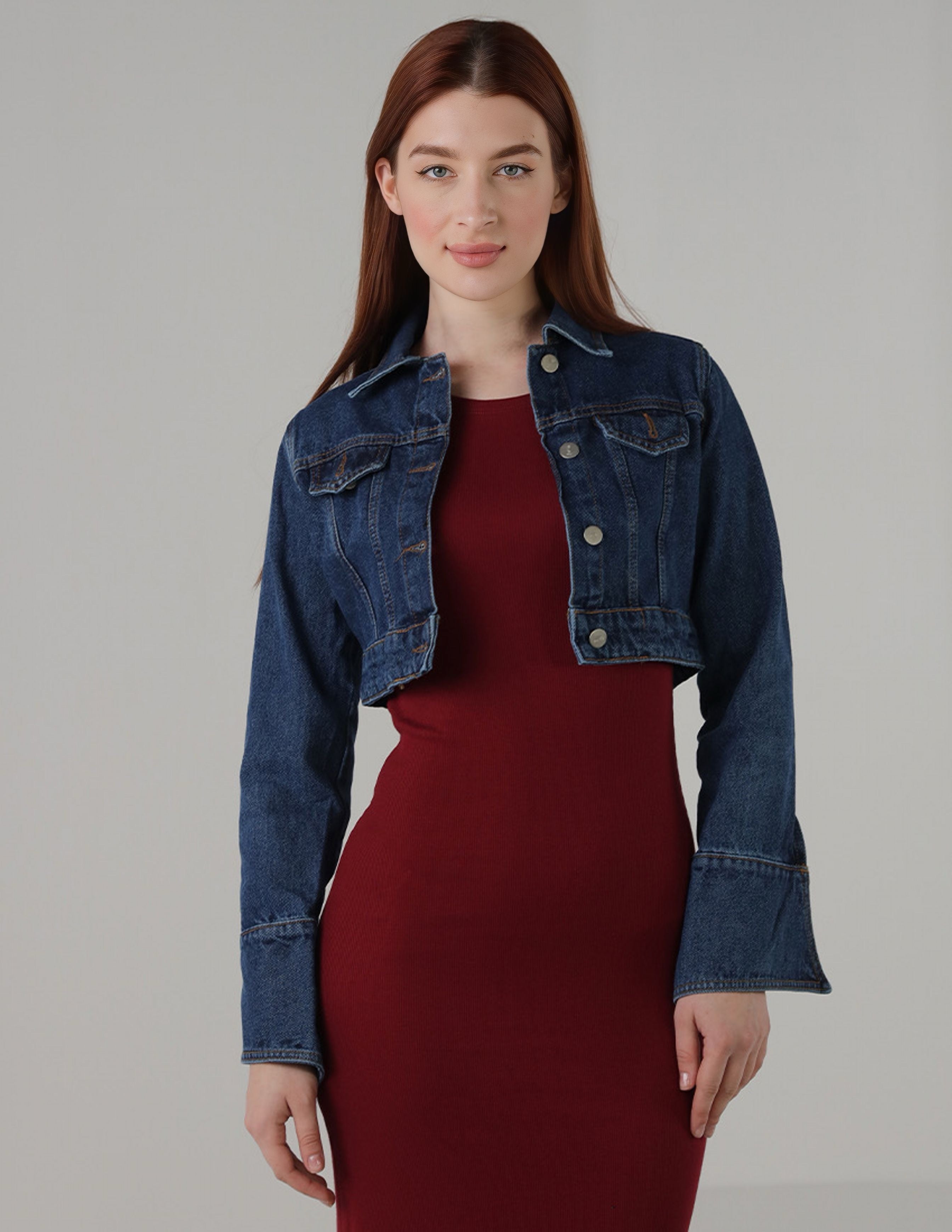 Cropped Denim Jacket with Chest & Sleeve Buttons