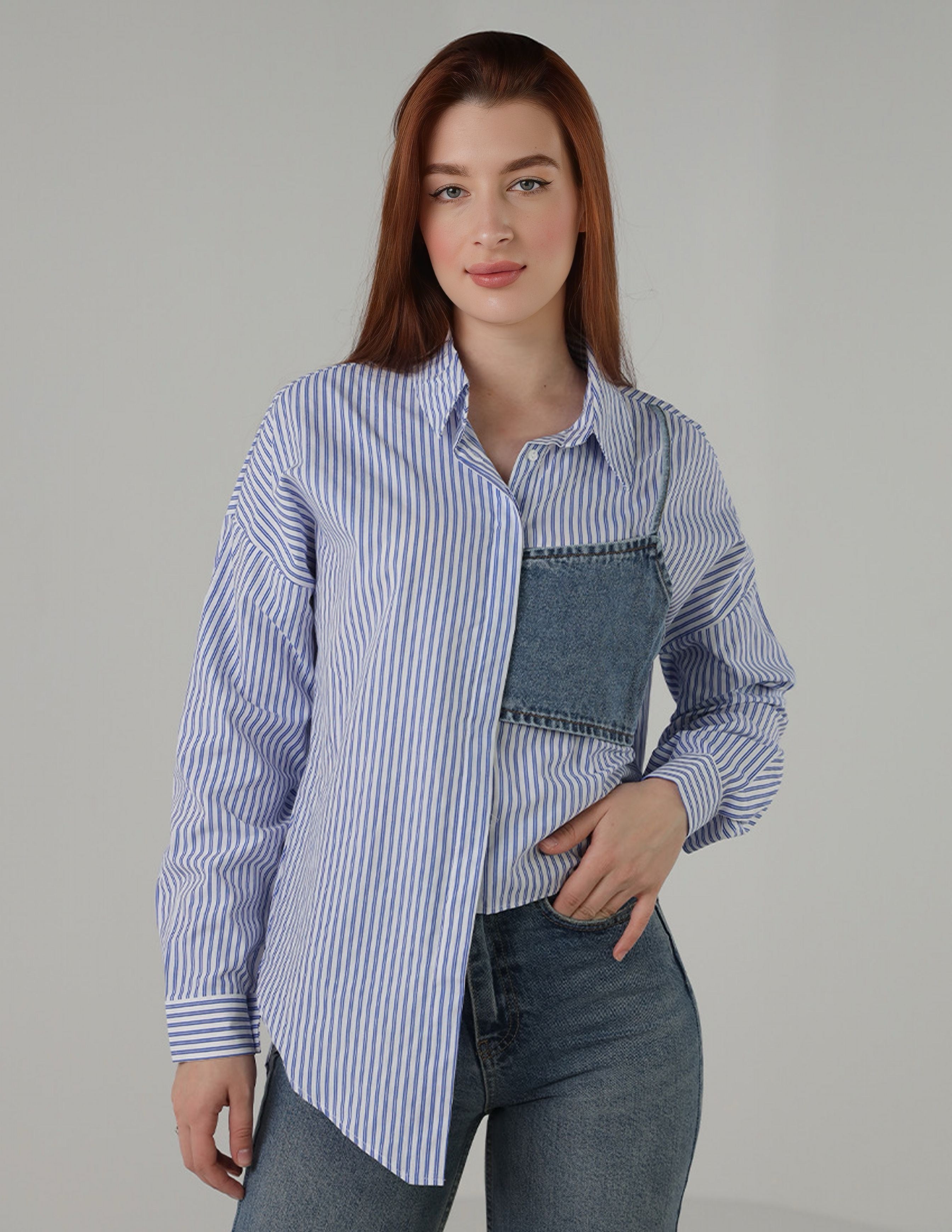 قميص مخطط مع رقعة جينز