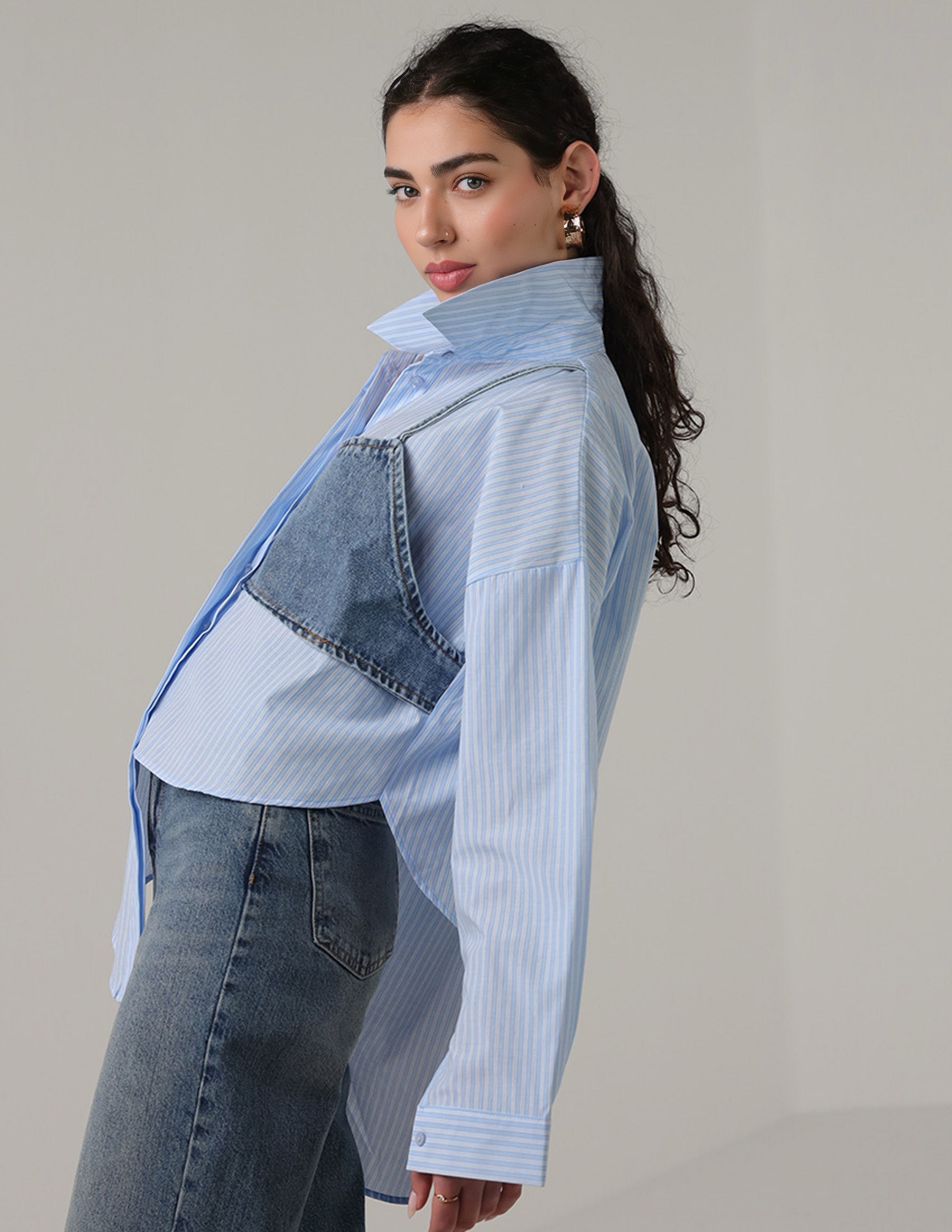Striped Shirt with Denim Patch Detail