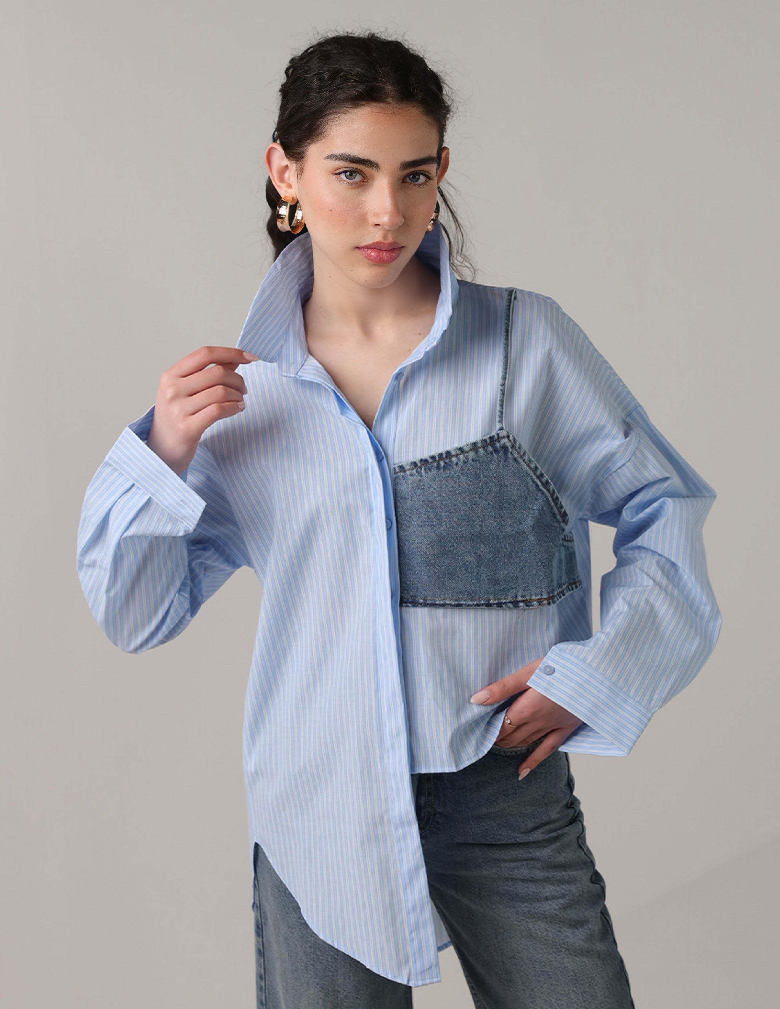 Striped Shirt with Denim Patch Detail