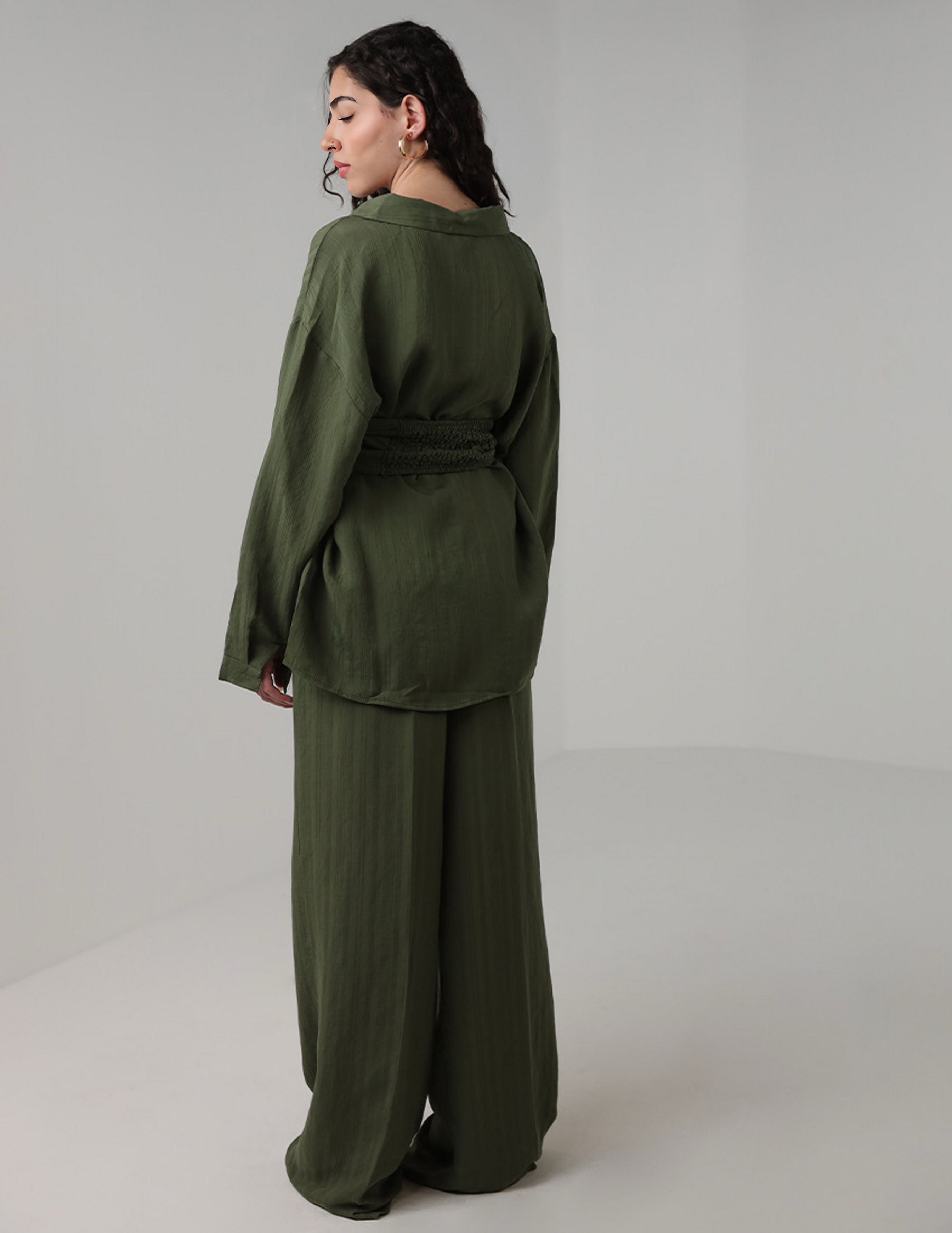 Olive Green Two-Piece Set with Tie Belt and Wide-Legged Pants