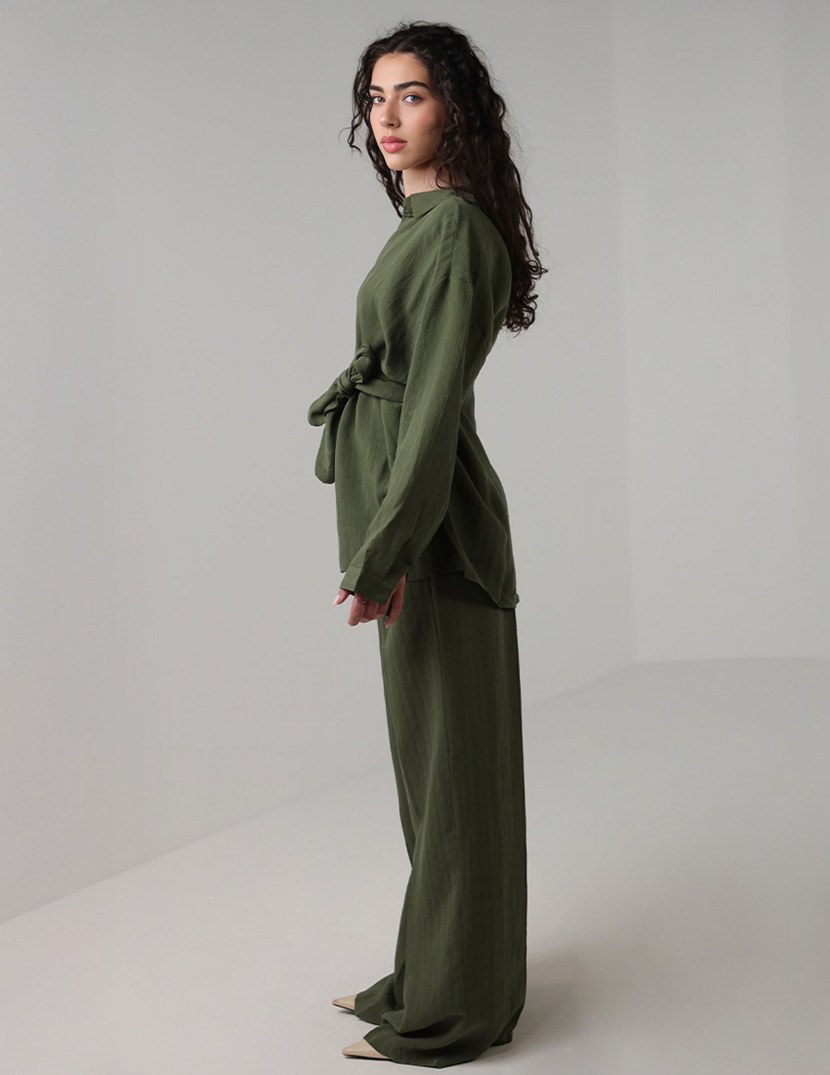 Olive Green Two-Piece Set with Tie Belt and Wide-Legged Pants