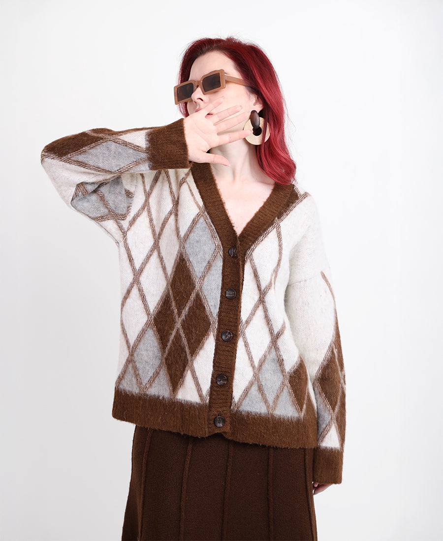 V-neck argyle short Cardigan