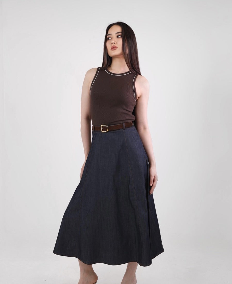 Brown denim tank top dress with belt