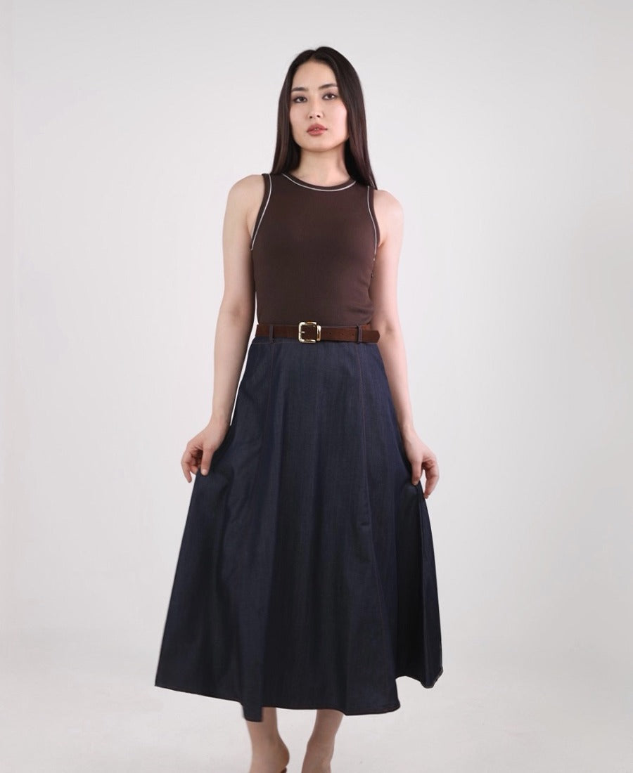 Brown denim tank top dress with belt