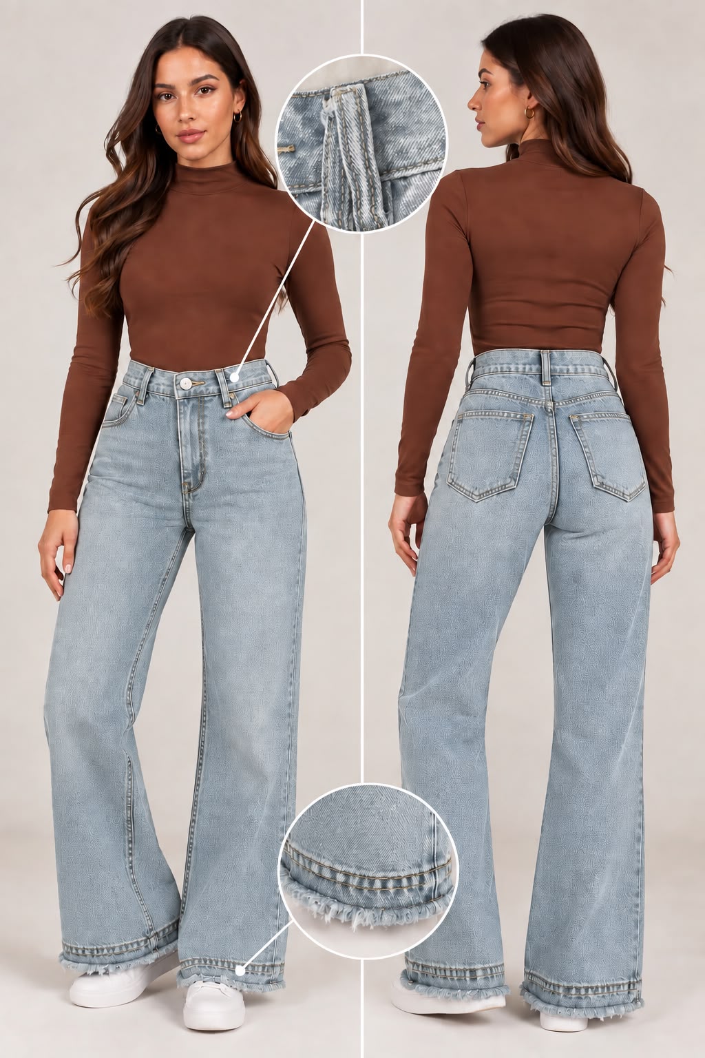 Wide-leg jeans featuring distressed details at the hem.