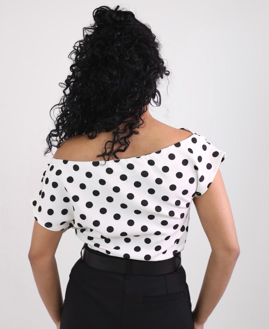 Polka dot blouse, sleeveless, wide neckline, off-white and black
