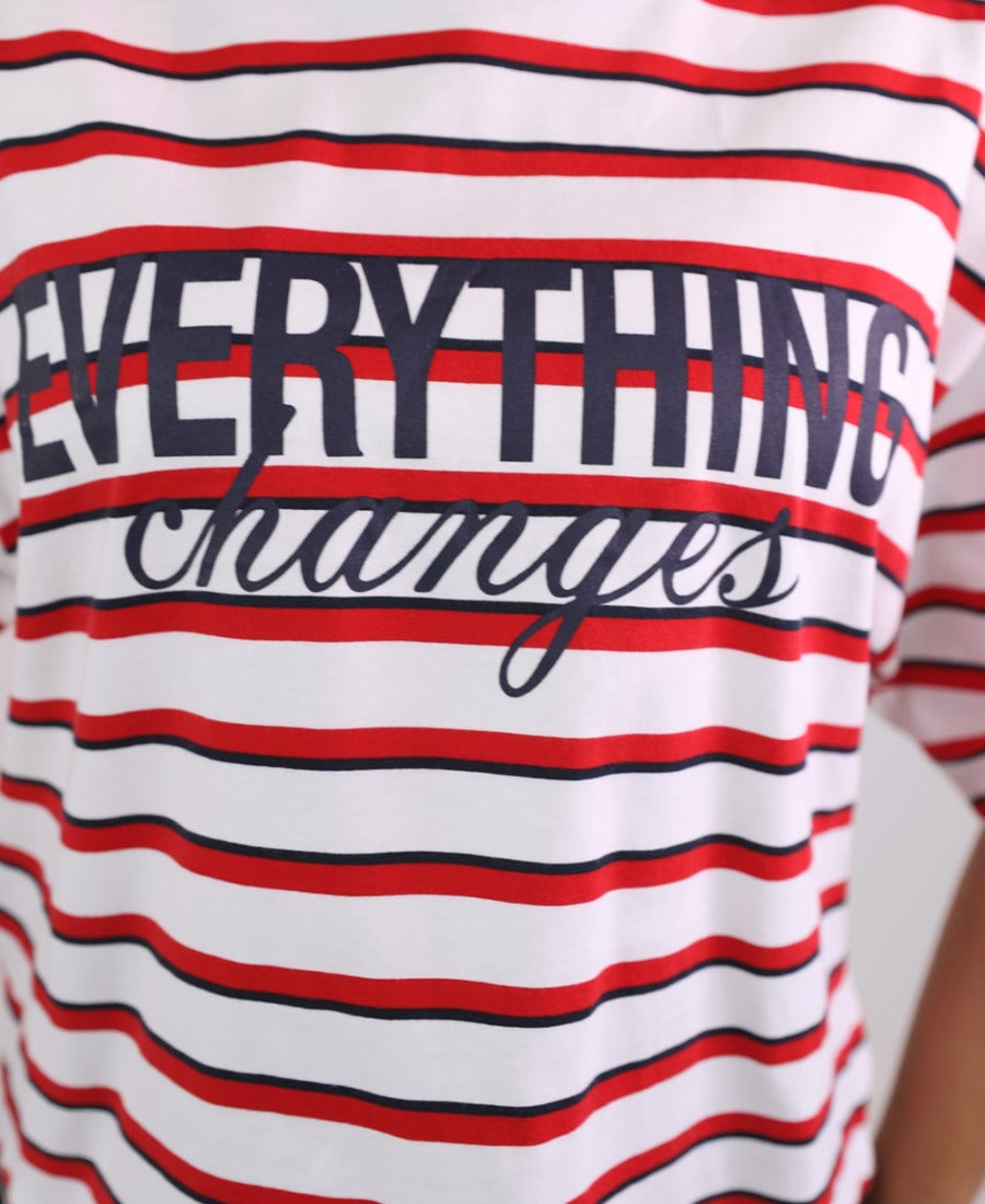 Oversized T-shirt, red and navy striped, word on the chest