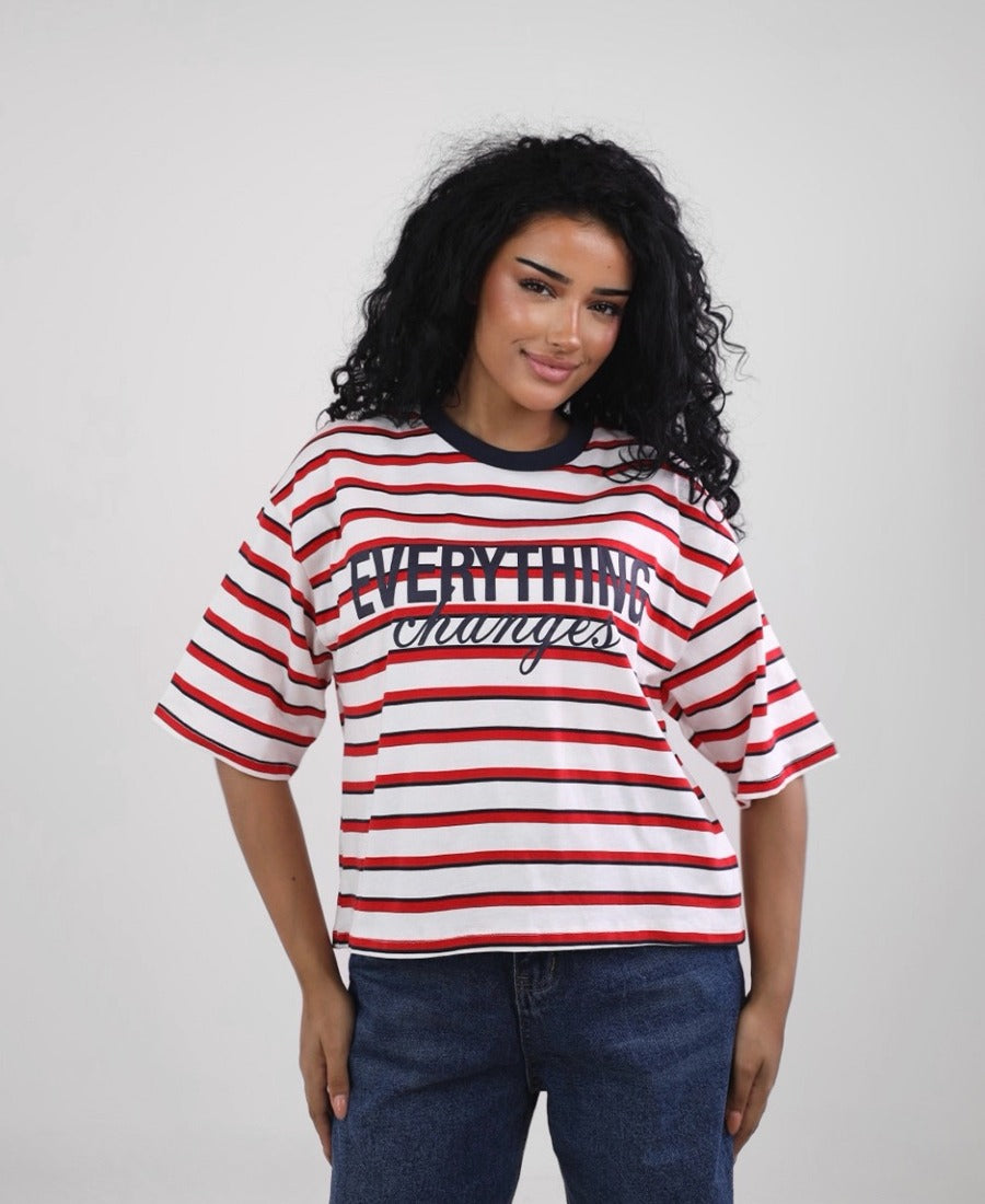 Oversized T-shirt, red and navy striped, word on the chest