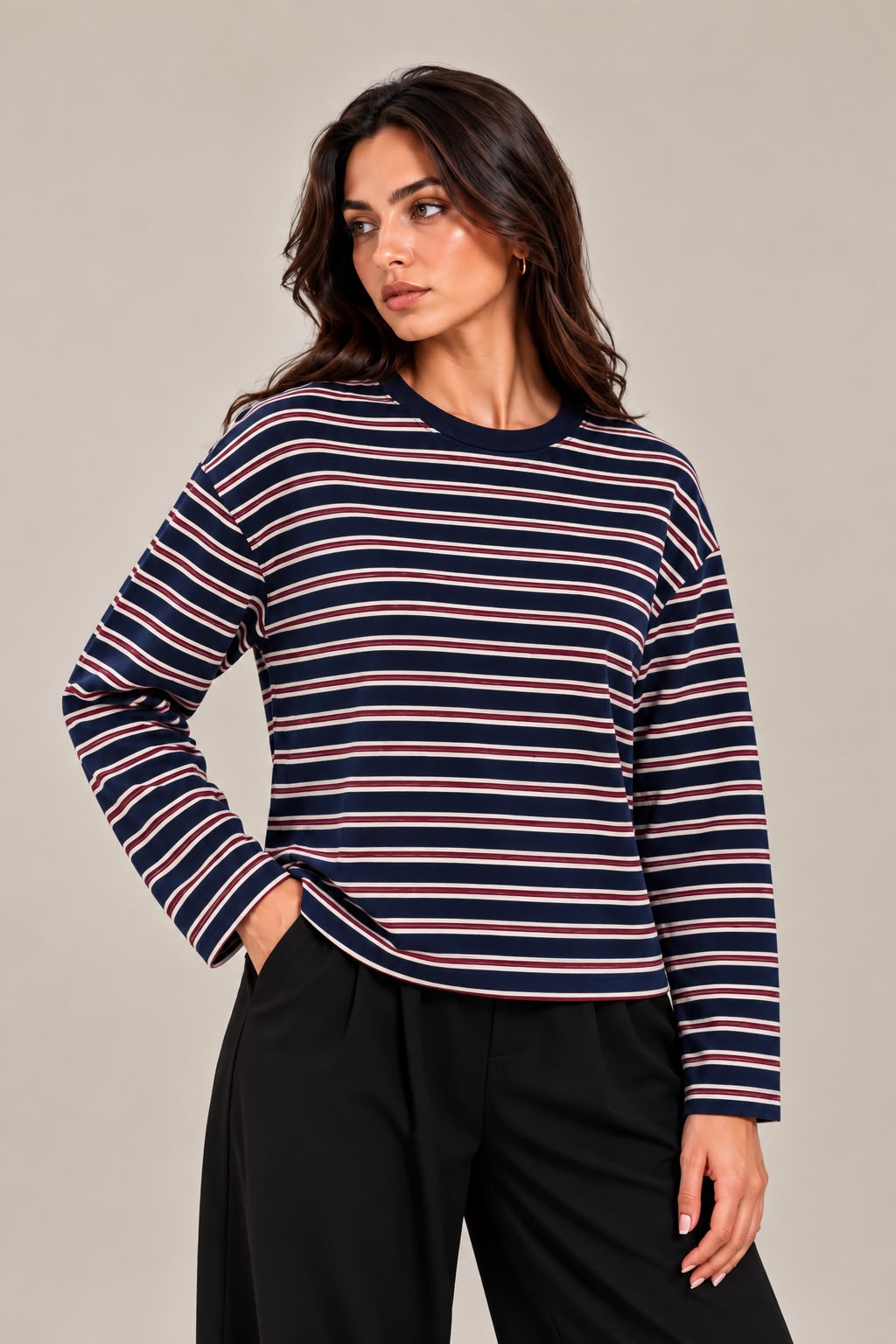 Navy blue blouse with burgundy stripes