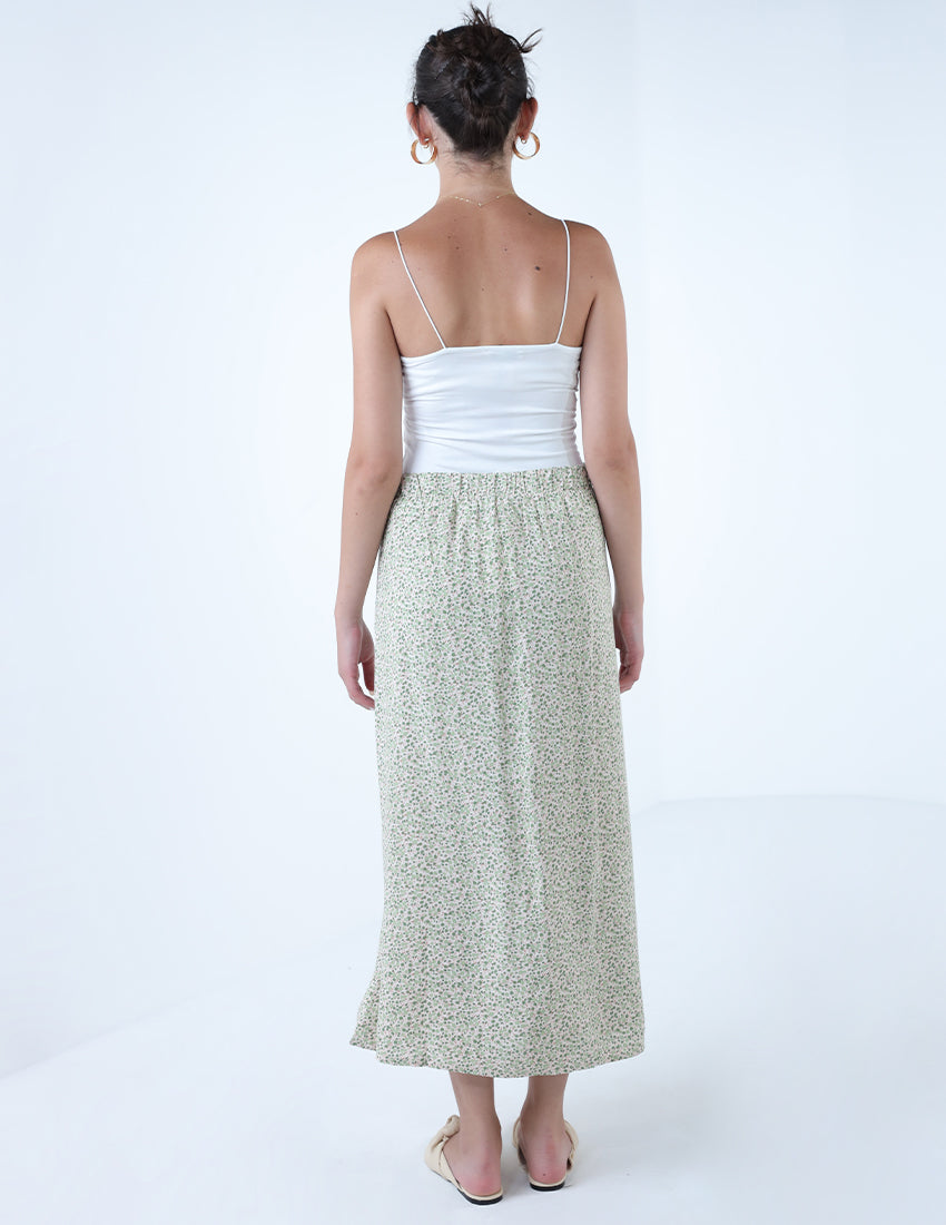 Green Floral Buttoned Midi Skirt