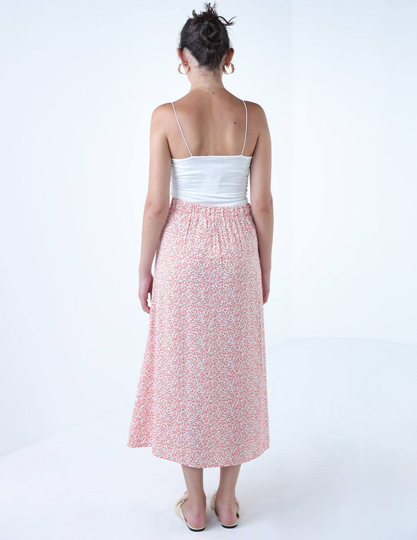 Buttoned Red Floral Midi Skirt