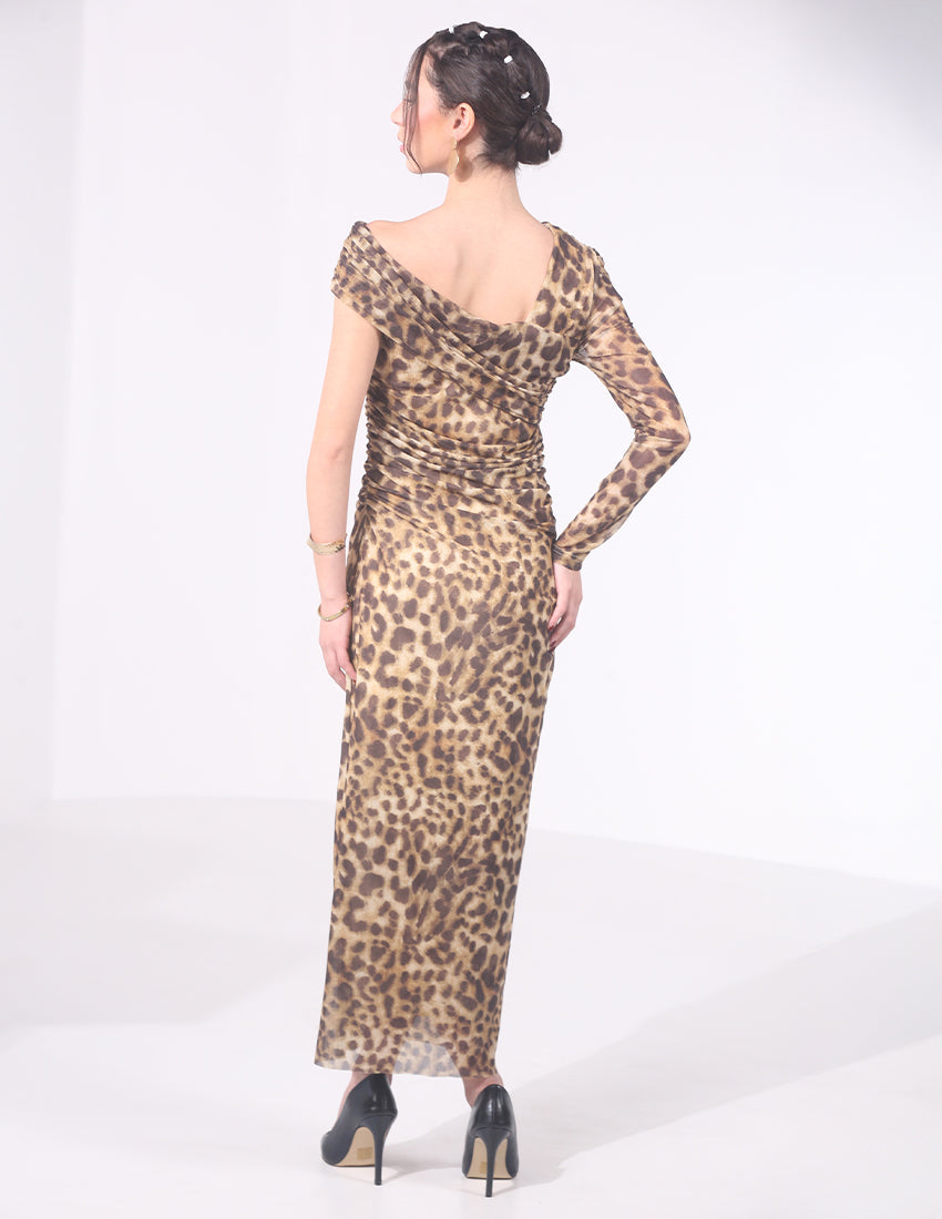 Tiger print chiffon dress, one long sleeve, gathered waist