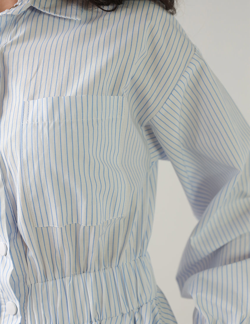 Striped Shirt Dress with Elastic Waist