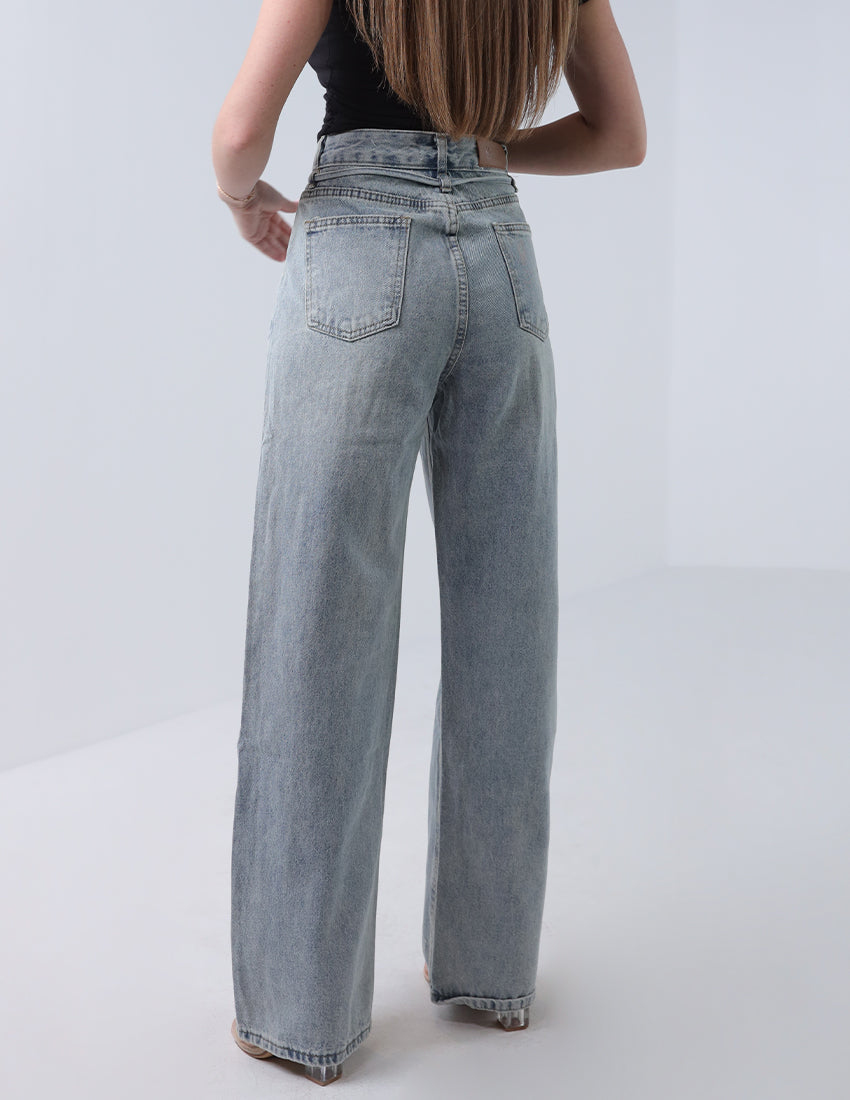 Straight-cut high-waisted jeans with tie