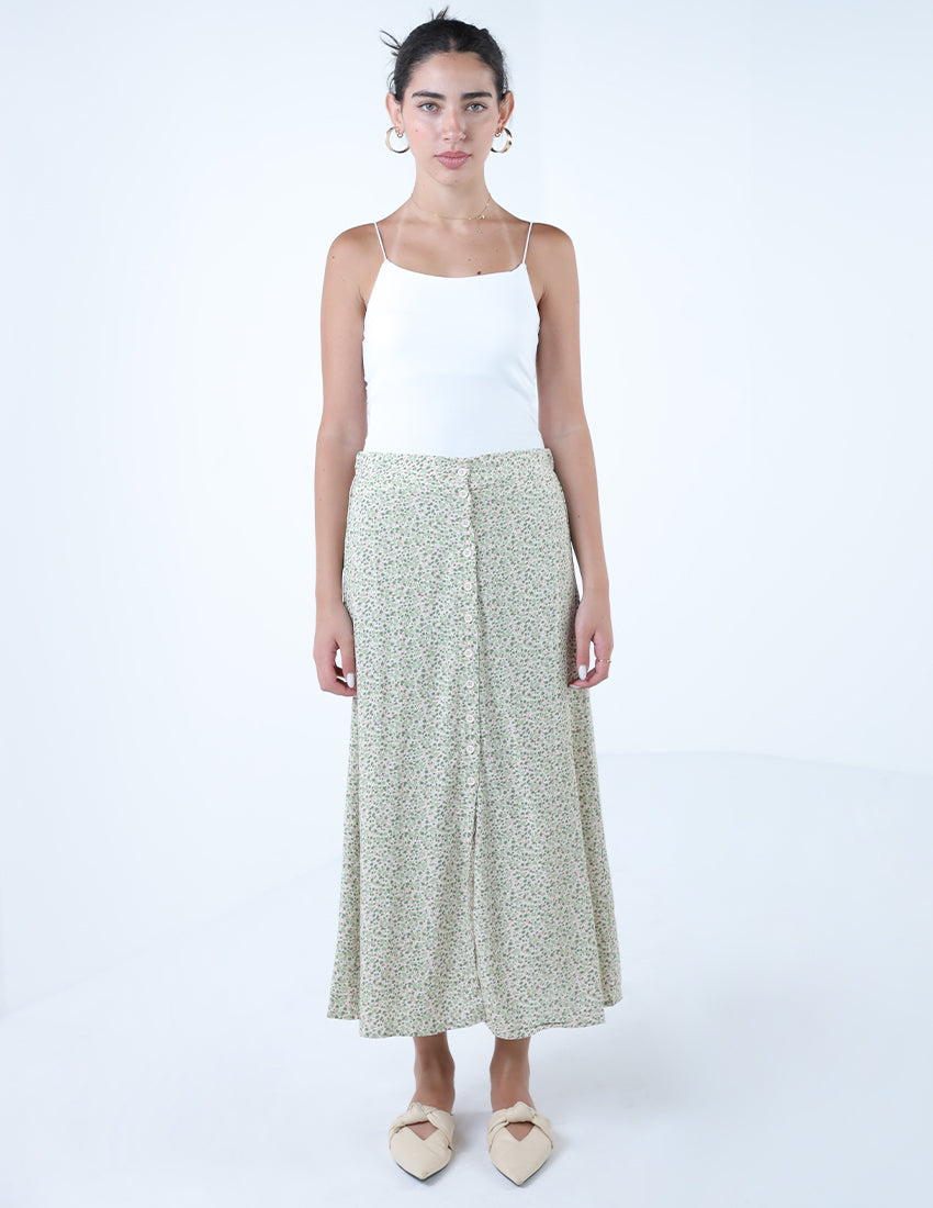 Green Floral Buttoned Midi Skirt