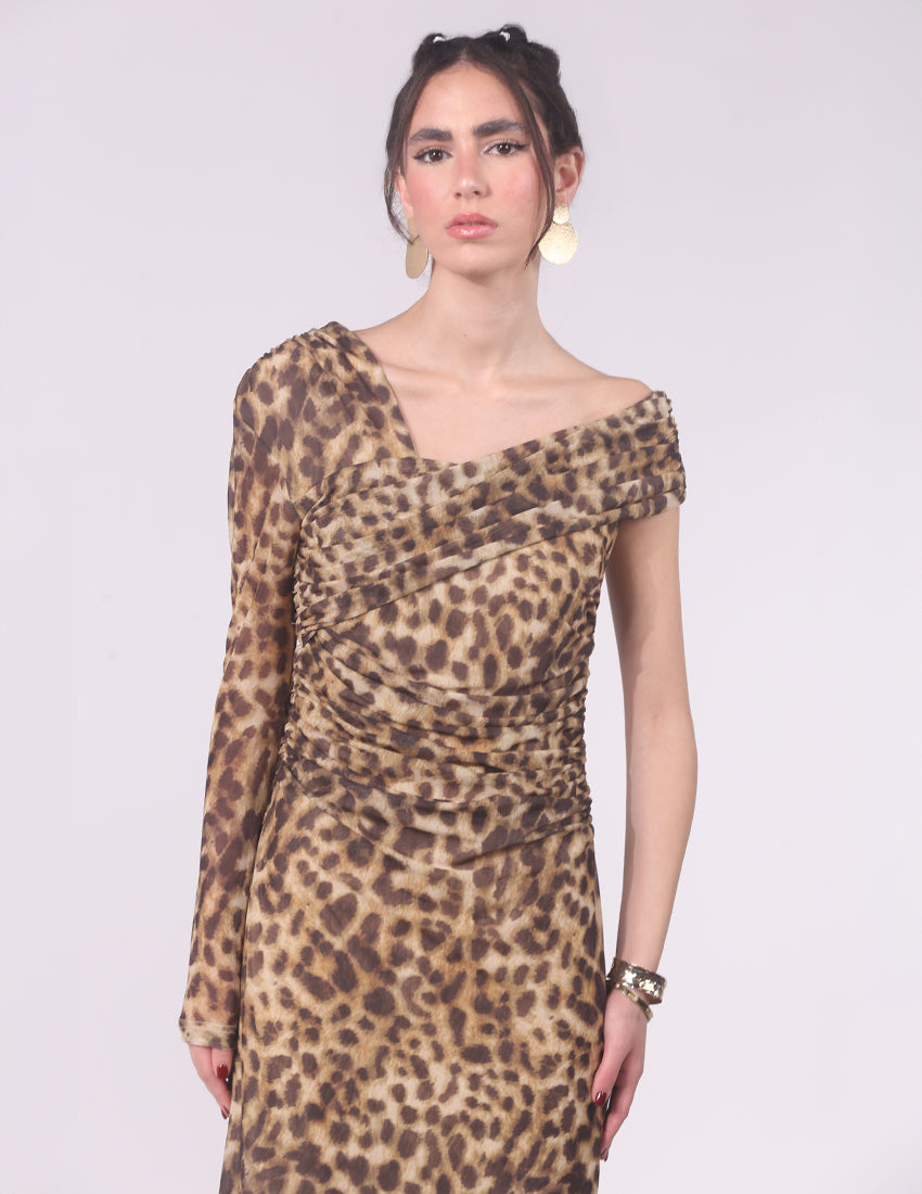 Tiger print chiffon dress, one long sleeve, gathered waist