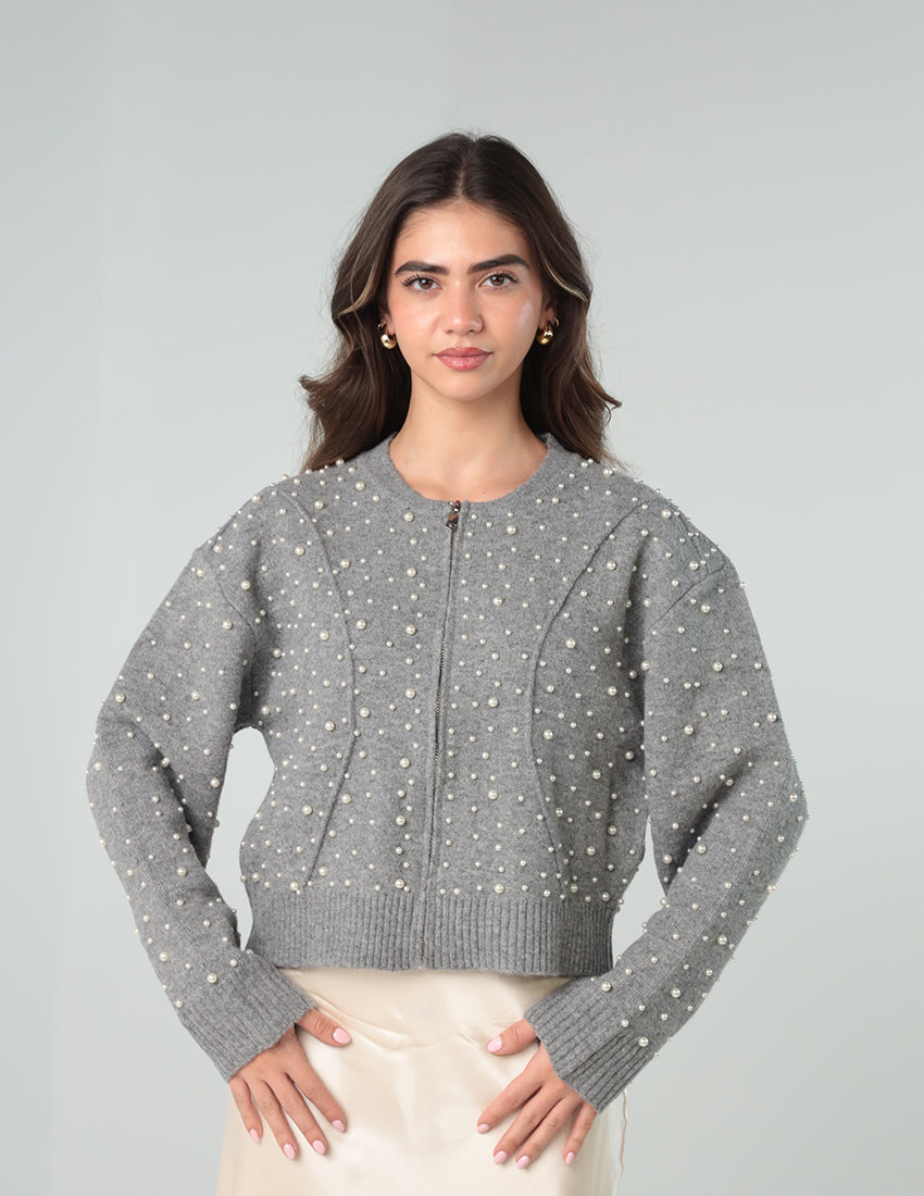 Cardigan with Synthetic Pearl Details and Zipper