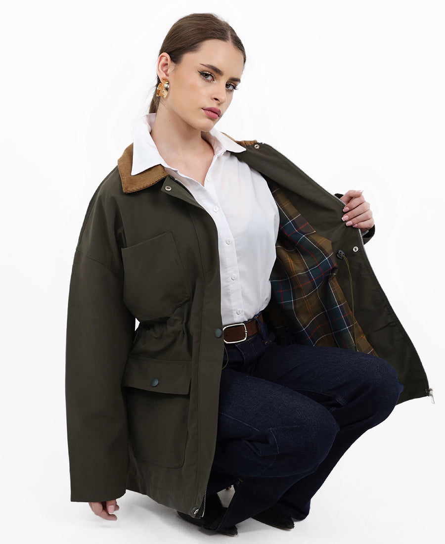 Long jacket with a gathered waist and pocket