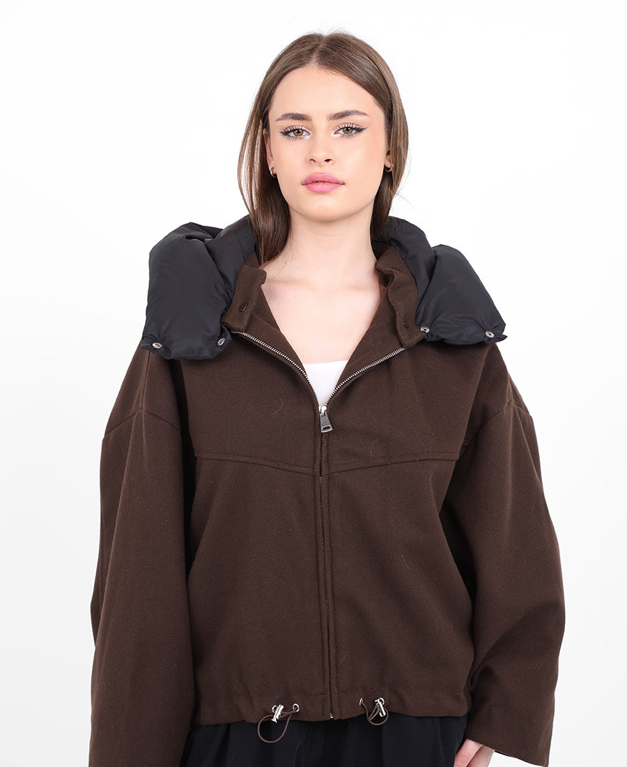 Wool jacket with a puffer hat