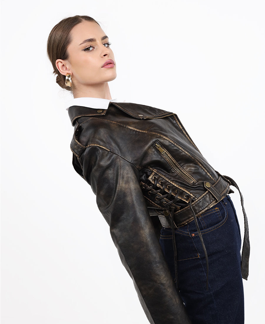 Leather jacket with waist belt
