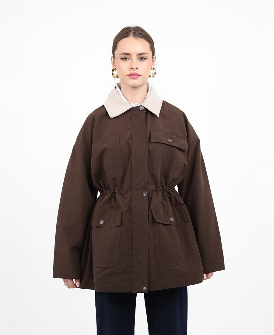 Long jacket with a gathered waist and pocket