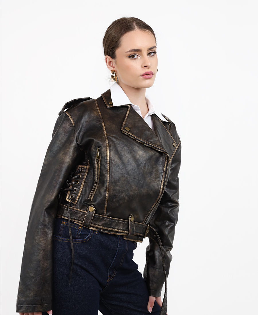 Leather jacket with waist belt