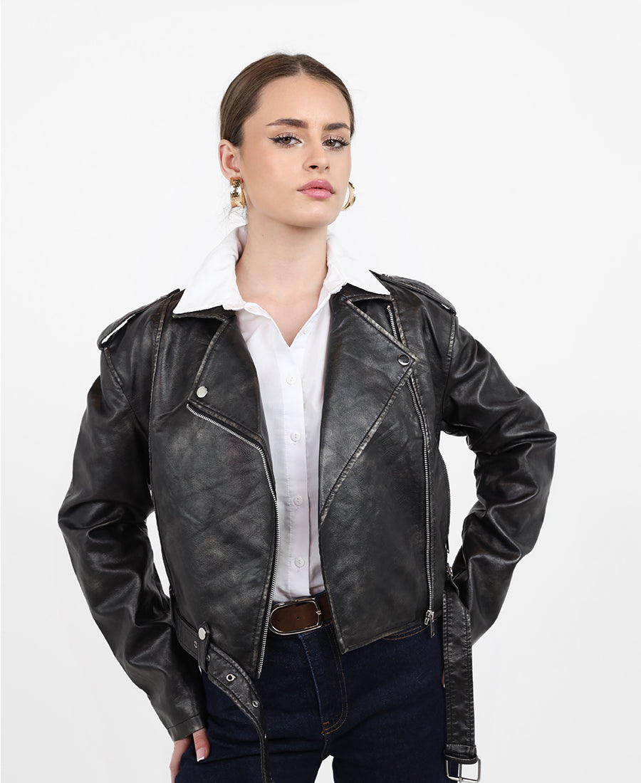 Leather jacket with waist belt