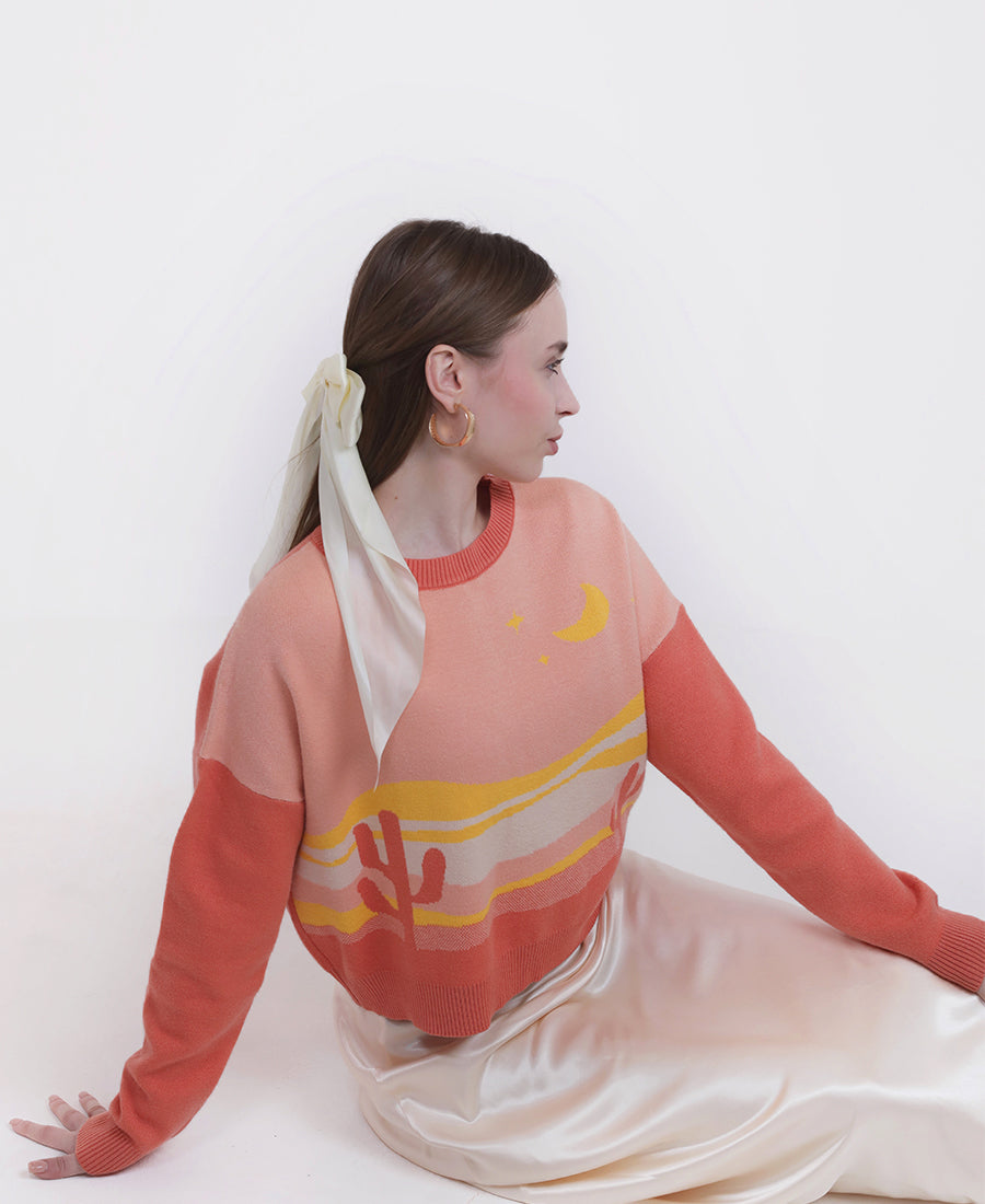 Orange wool blouse with moon drawing