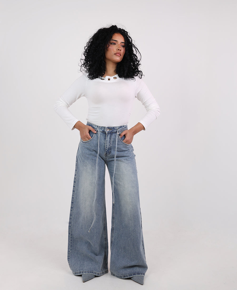 Wide Leg Jeans Tie Waist