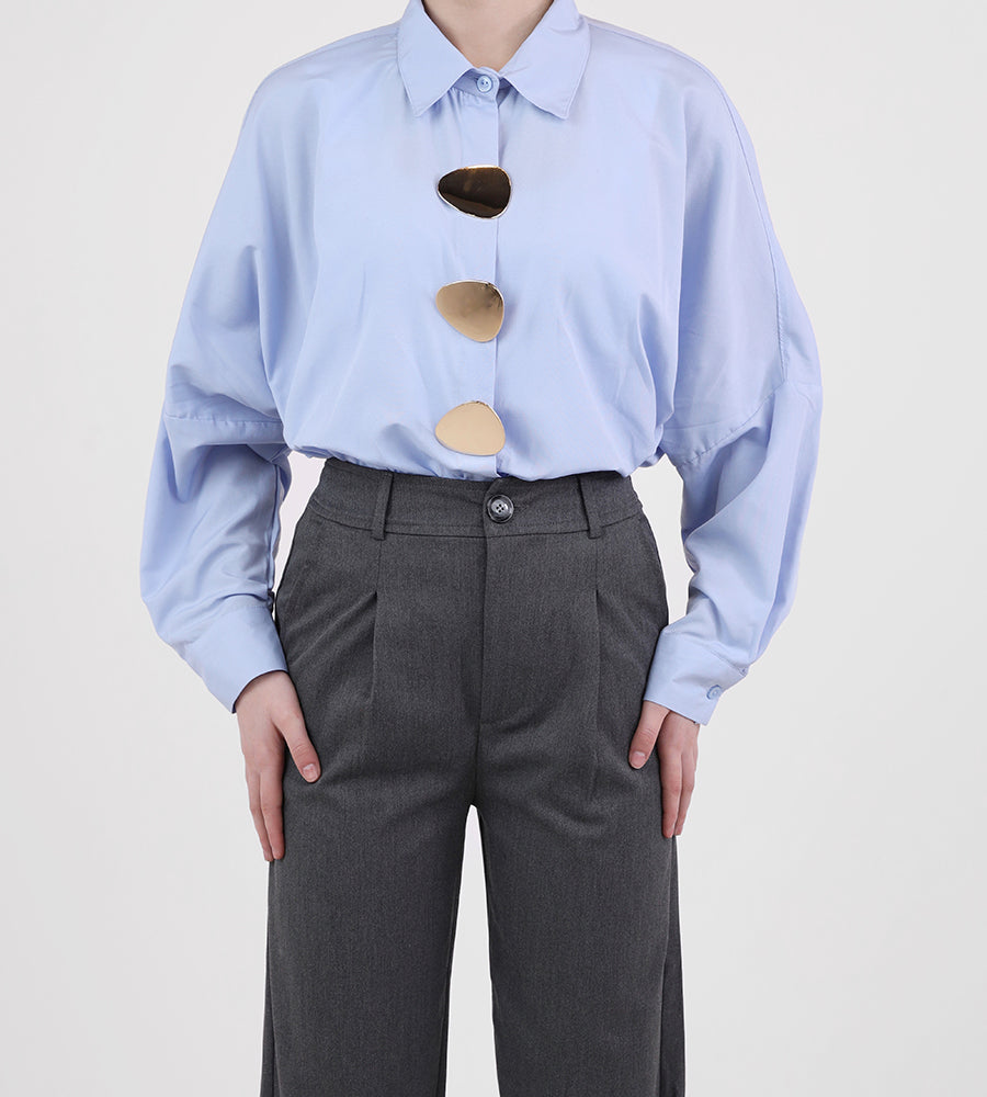 Oversized oval gold button-down shirt