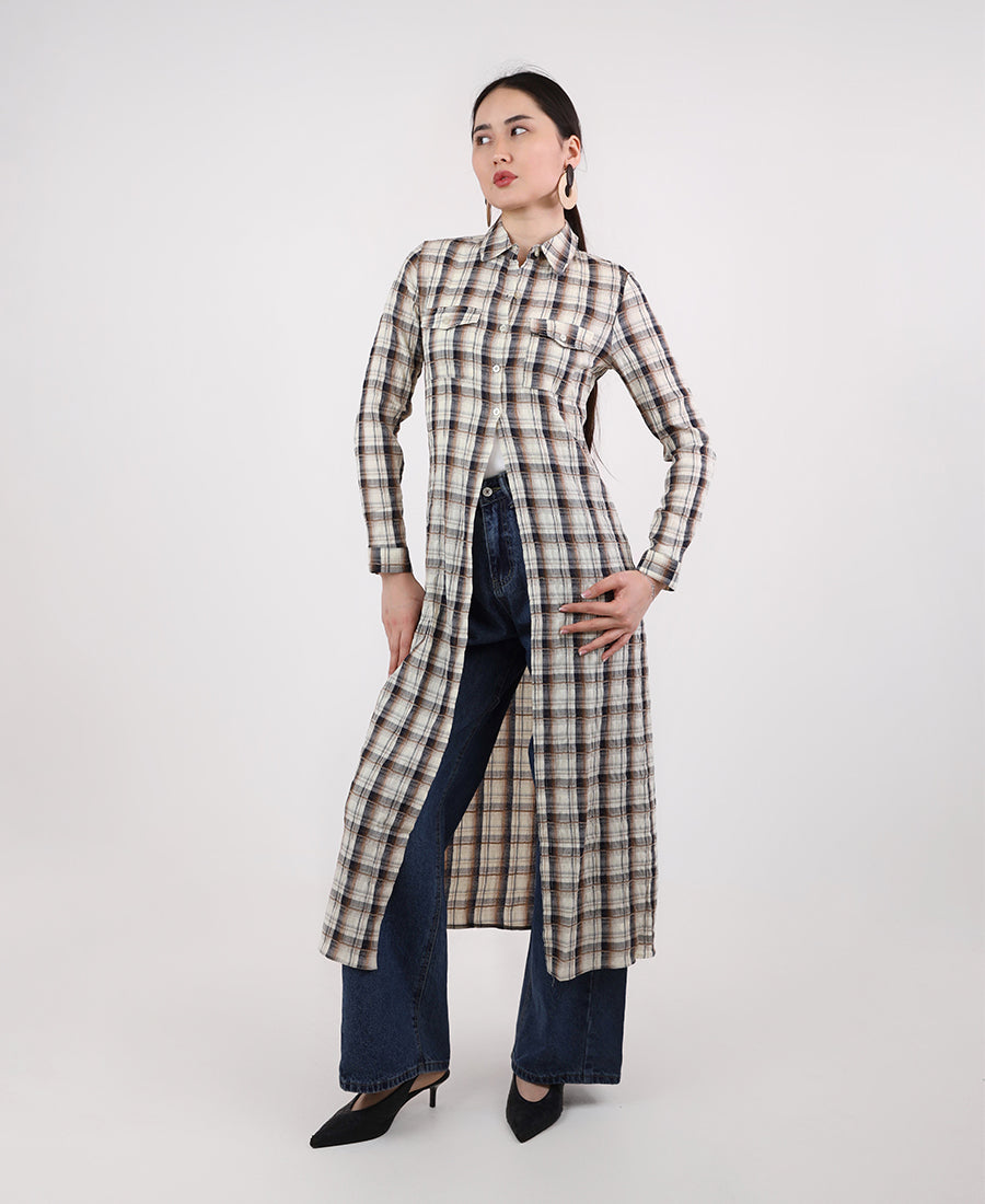 Long shirt dress with a checkered print, off-white