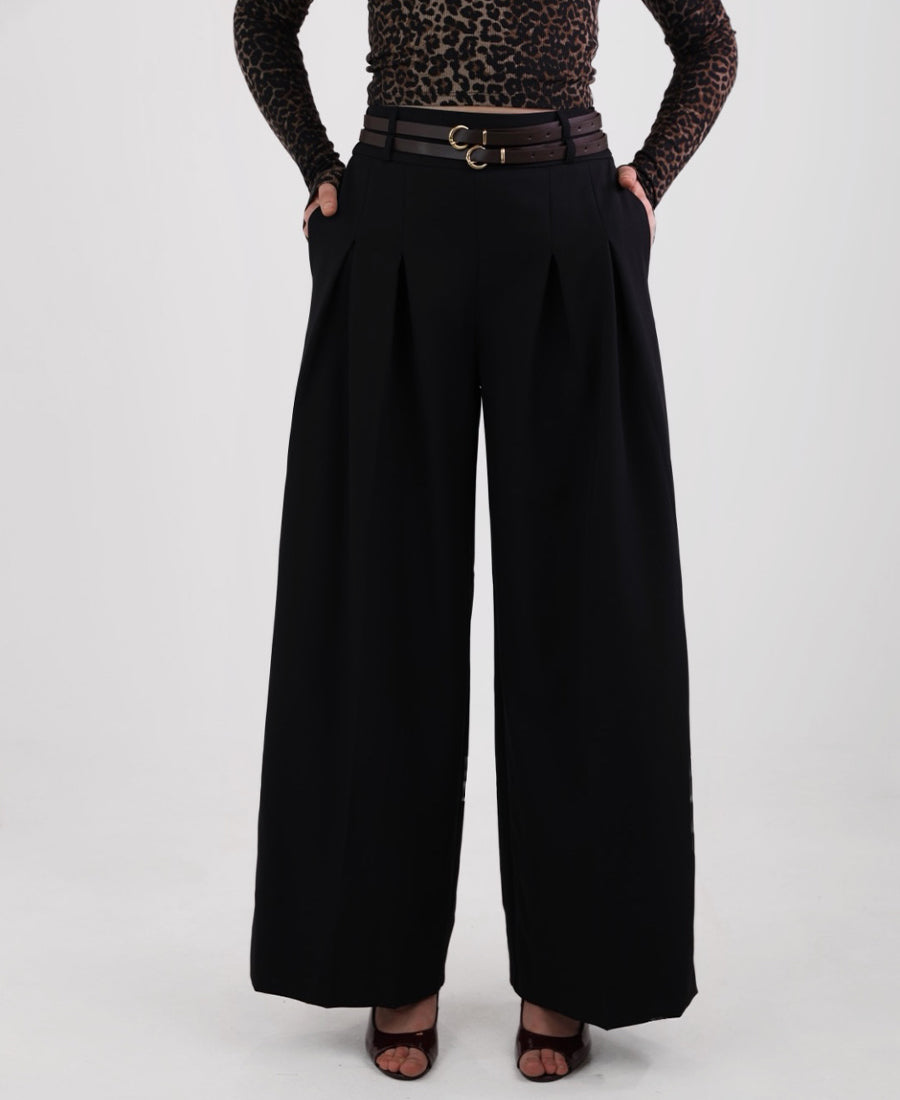 Black palazzo pants with two belts