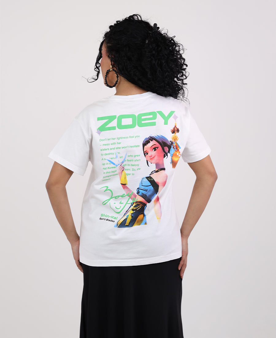 T-shirt with an anime drawing on the back and the words "ZOEY"