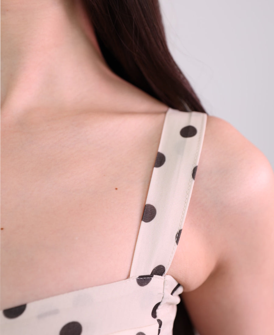 Brown and beige polka dot long sleeveless dress