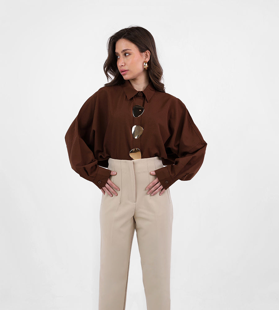 Oversized oval gold button-down shirt