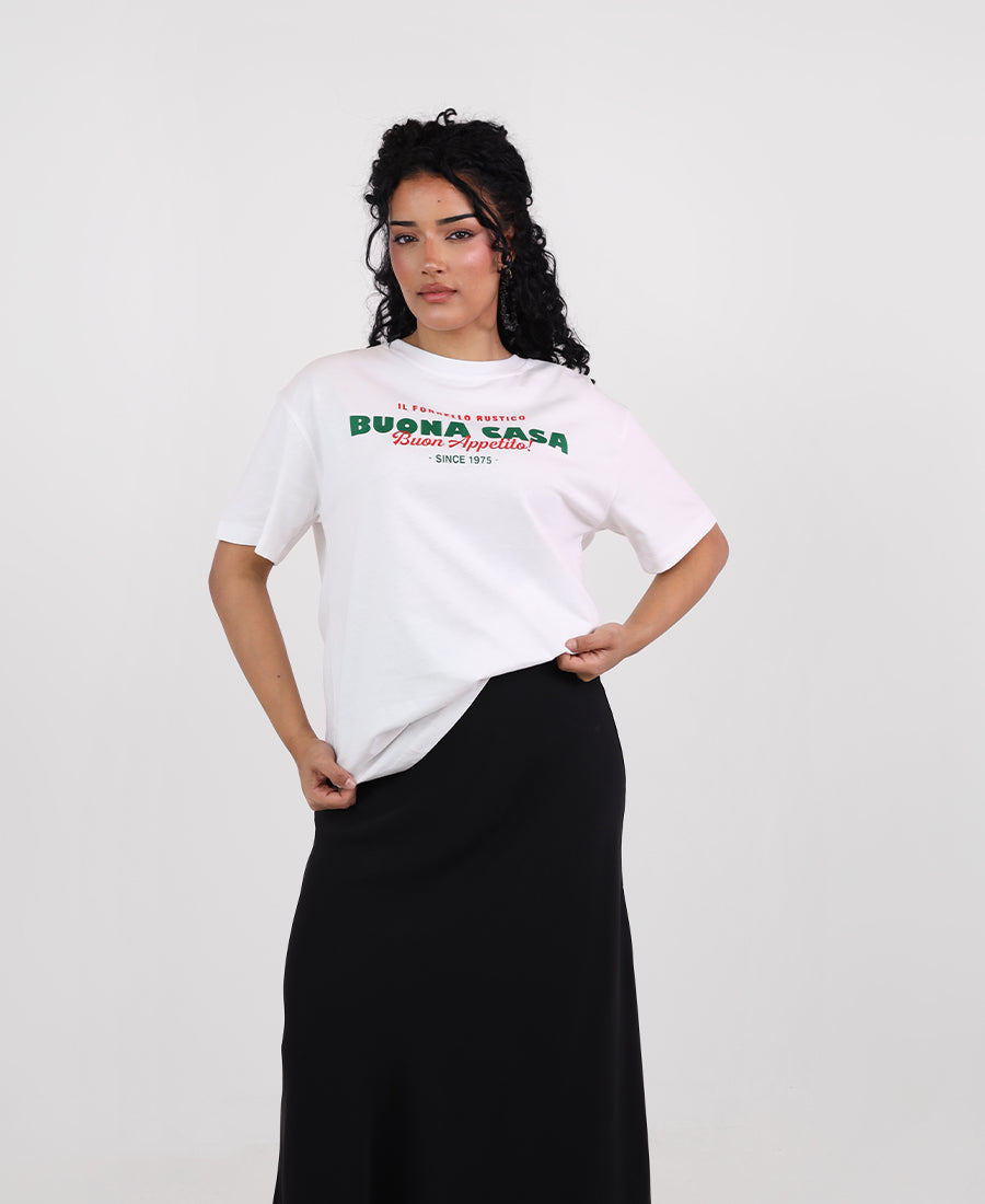 "BUONA CASA" oversized t-shirt with printed words on the front and back