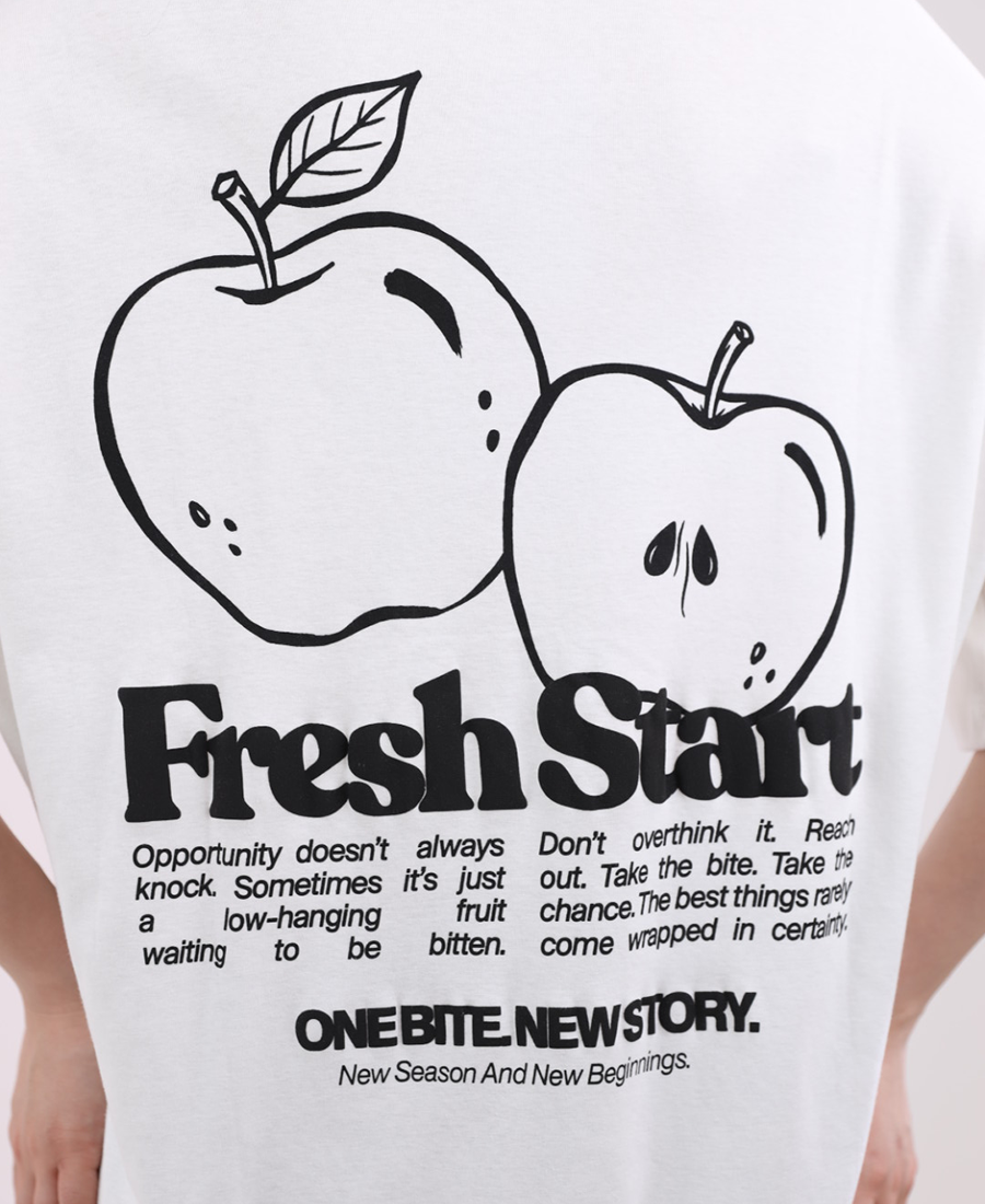 Oversized white t-shirt with an apple design on the front and back