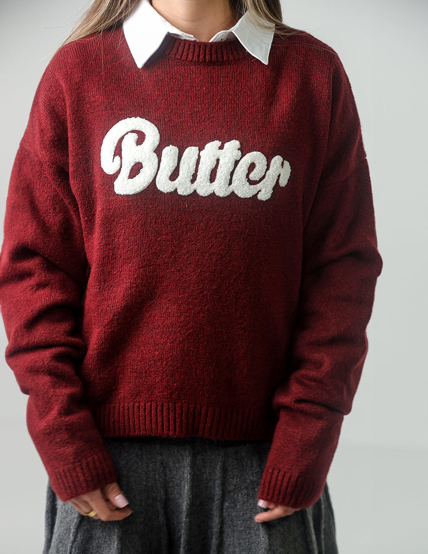 Oversized Cotton Sweater with "BUTTER" Embroidered Print