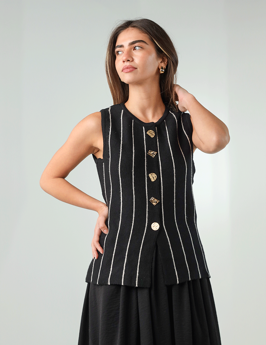 Striped wool vest with gold buttons